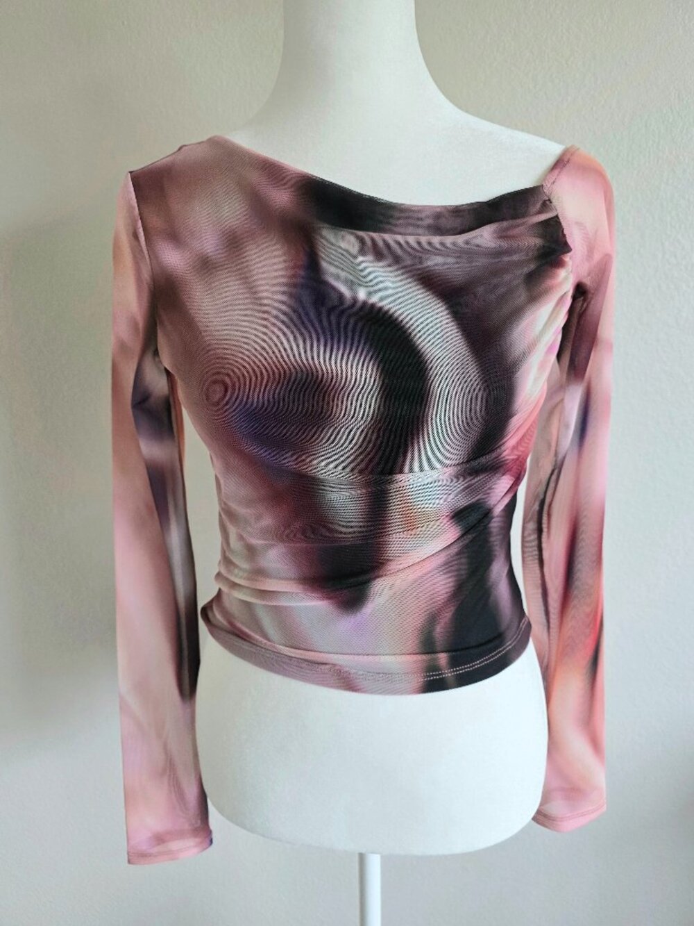 Bershka Cropped Mesh Top Off Shoulder Long Sleeve Lined Front Size S Stretch